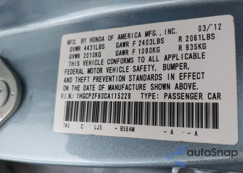 2012 Honda Accord 2.4 Ex-L from USA, damaged, VIN 1HGCP2F80CA115229